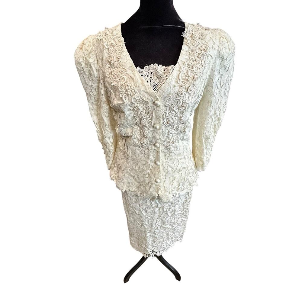 Vtg 80s Cachet by Bari Protas Cream Lace Skirt Suit Bridal Sz 11/12 READ